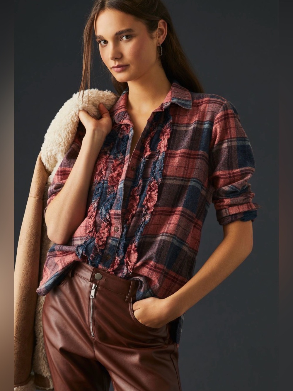 Pilcro Anthropologie Ruffled Flannel Button Down Red Plaid Medium Western NWOT